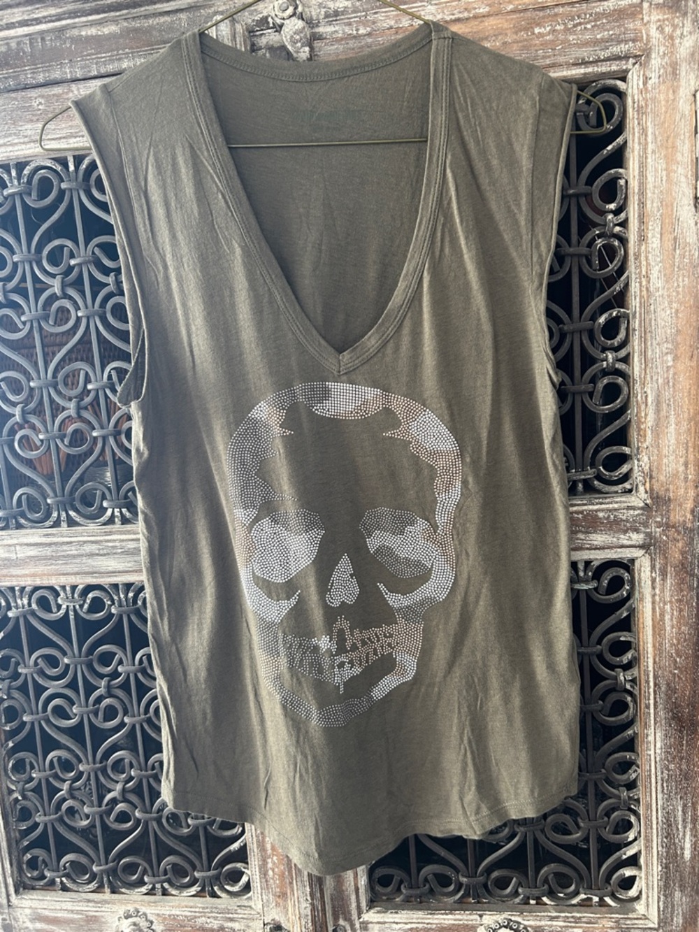 Zadig & Voltaire Olive Green V-Neck Embellished Skull Tank